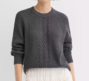 LOFT Petite L Charcoal Ribbed Cable Knit Cotton Sweater Crewneck